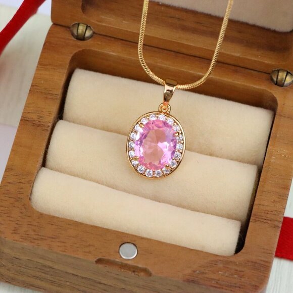 "Oval Pink Pendant with Crystal Accents in Rose Gold-Plated Setting, XPPT1620 - Picture 6 of 13